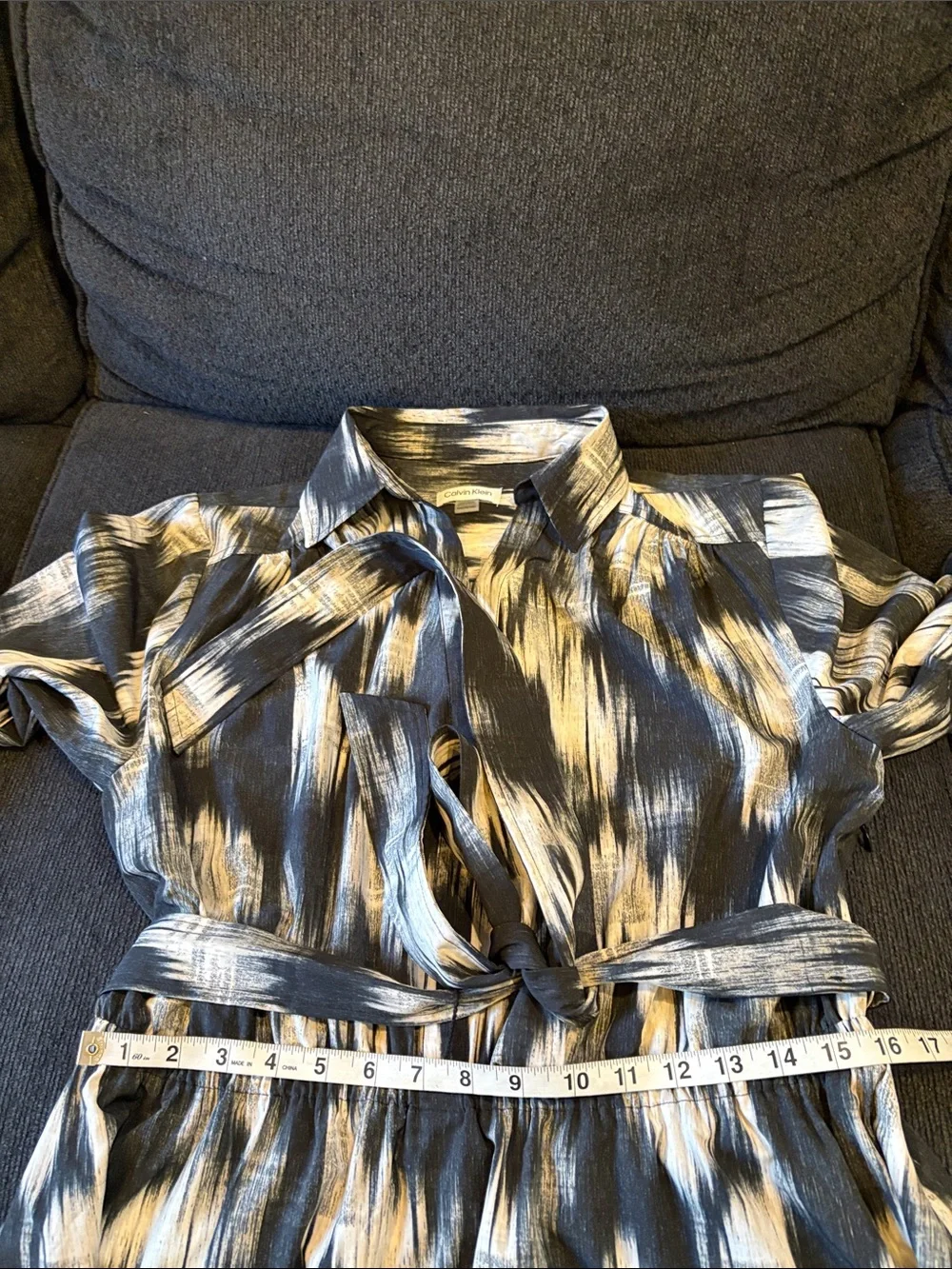 Calvin Klein Black and White Abstract Long Sleeve Tie Waist Collar Dress-14 - Picture 11 of 13